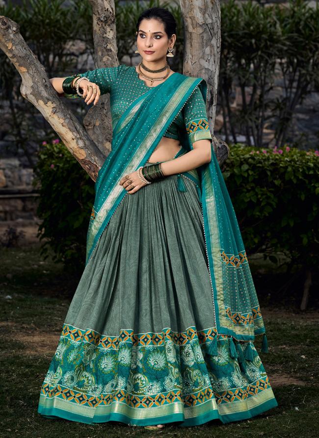 Tussar Silk Green Festival Wear Foli Printed Readymade Lehenga Choli